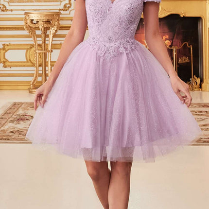 Cinderella Divine CD0132 Short A-Line Dress Off The Shoulder Glitter Tulle Skirt