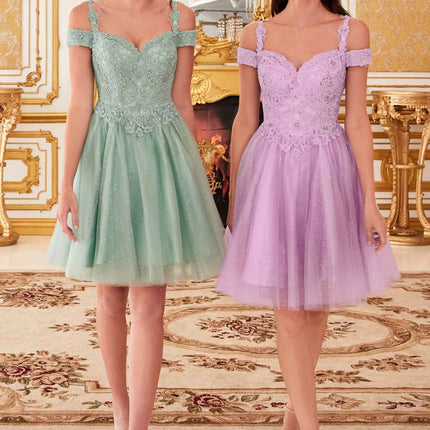 Cinderella Divine CD0132 Short A-Line Dress Off The Shoulder Glitter Tulle Skirt