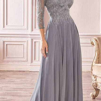 Cinderella Divine CD0171 Flowy Chiffon A-Line Gown 3/4 Length Sleeves