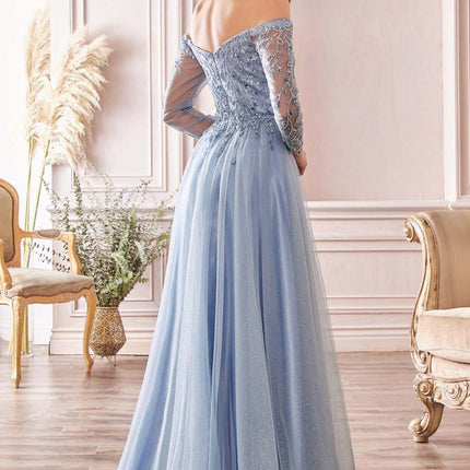 Cinderella Divine CD0172 A-Line Layered Tulle Gown Off The Shoulder Long Sleeve