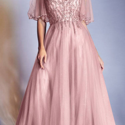 Cinderella Divine CD0175 Floor Length Layered Tulle A-Line Gown Butterfly Sleeve
