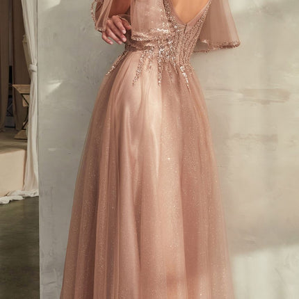 Cinderella Divine CD0175 Floor Length Layered Tulle A-Line Gown Butterfly Sleeve