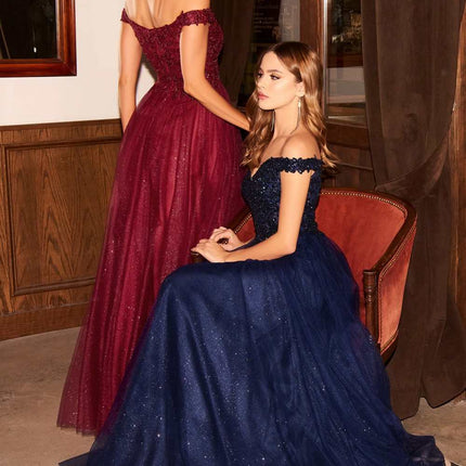 Cinderella Divine CD0177 Glitter Tulle A-Line Ball Gown Off the Shoulder