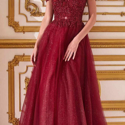 Cinderella Divine CD0177 Glitter Tulle A-Line Ball Gown Off the Shoulder