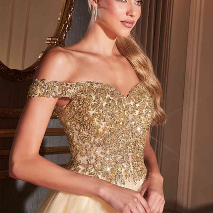 Cinderella Divine CD0177 Glitter Tulle A-Line Ball Gown Off the Shoulder