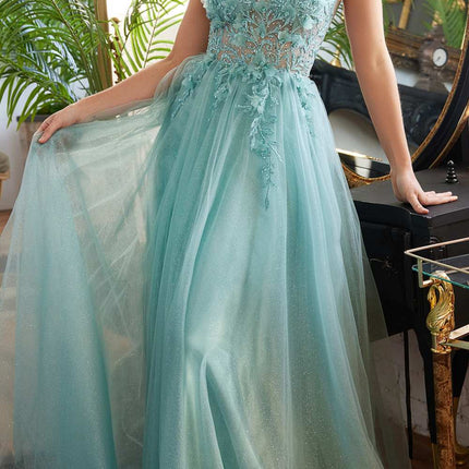 Cinderella Divine CD0181 Long Lace Floral A-Line Tulle/Lace Dress