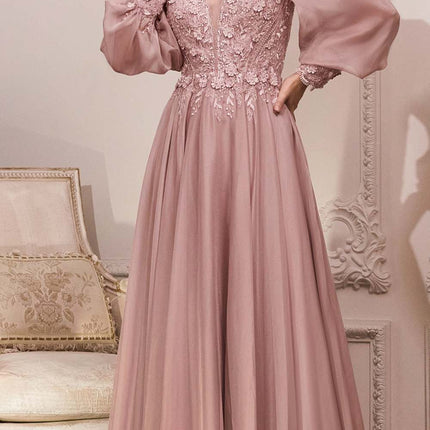 Cinderella Divine CD0183 Puff Long Sleeve Chiffon Formal Gown