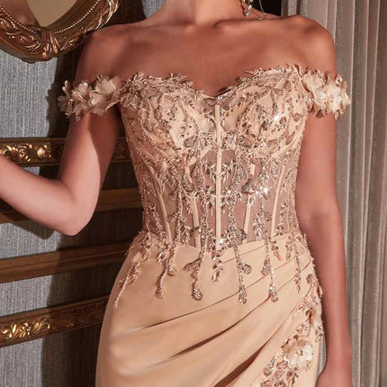 Cinderella Divine CD0186 Long Floral Off the Shoulder Gown with Slit
