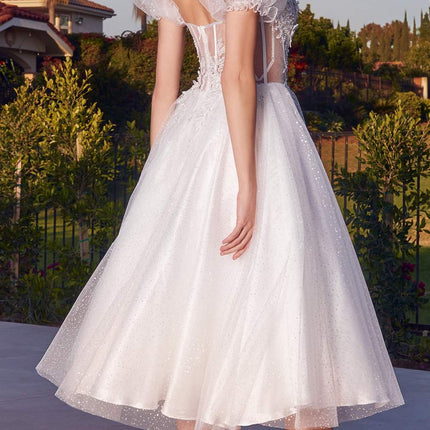 Ladivine CD0187W Tea Length Layered Tulle Dress with Short Puff Sleeves