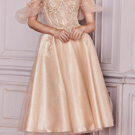 Cinderella Divine CD0187 Tea Length Layered Tulle Dress with Short Puff Sleeves