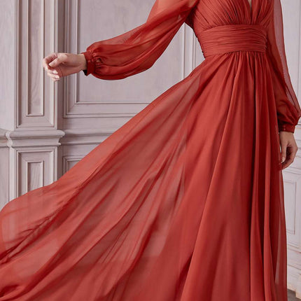 Cinderella Divine CD0192 Long Sleeve A-Line Chiffon Dress