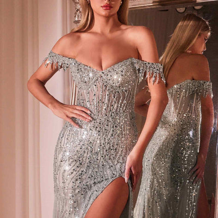 Ladivine CD0203 Long Fitted Off the Shoulder Sequin Gown with Slit