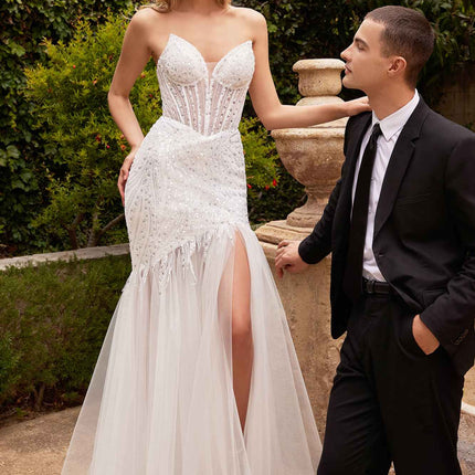 Ladivine CD0215W Long Strapless Pointed Bust Beaded Mermaid Gown