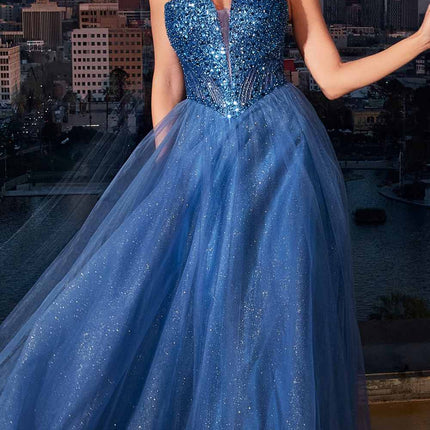 Ladivine CD0217 Long A-Line Strapless Sequin Bodice Glitter Tulle Skirt Dress