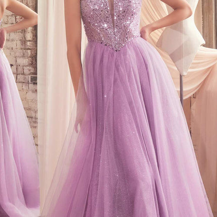 Ladivine CD0217 Long A-Line Strapless Sequin Bodice Glitter Tulle Skirt Dress