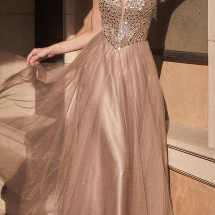 Ladivine CD0217 Long A-Line Strapless Sequin Bodice Glitter Tulle Skirt Dress