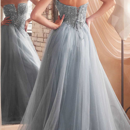 Ladivine CD0217 Long A-Line Strapless Sequin Bodice Glitter Tulle Skirt Dress