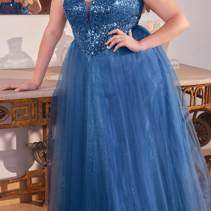 Ladivine CD0217 Long A-Line Strapless Sequin Bodice Glitter Tulle Skirt Dress