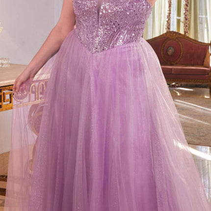 Ladivine CD0217 Long A-Line Strapless Sequin Bodice Glitter Tulle Skirt Dress