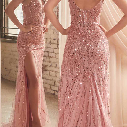 Ladivine CD0220 Long Fitted Sexy Slit Formal Sequin Gown