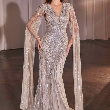 Ladivine CD0239 Long Sleeve Fully Beaded Sheath Gown
