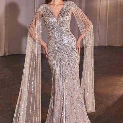 Ladivine CD0239 Long Sleeve Fully Beaded Sheath Gown