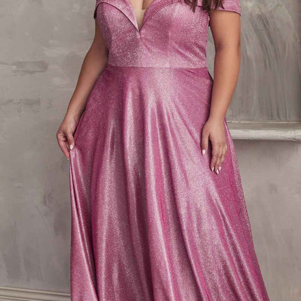 Cinderella Divine CD210C Off The Shoulder A-Line Gown Metallic Glitter
