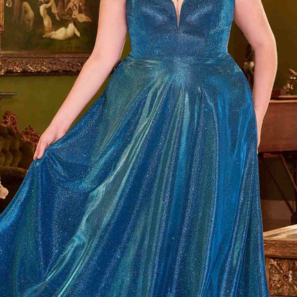 Cinderella Divine CD210C Off The Shoulder A-Line Gown Metallic Glitter