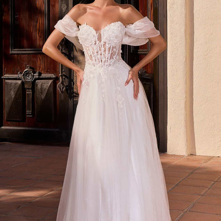 Ladivine CD2426W Off-Shoulder Corset Tulle Ball Gown with Floral Applique