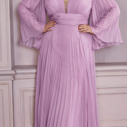 Cinderella Divine CD242C Pleated Chiffon Long Sleeve Gown