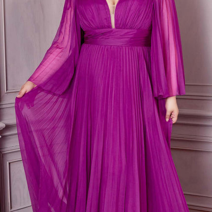 Cinderella Divine CD242C Pleated Chiffon Long Sleeve Gown