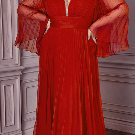 Cinderella Divine CD242C Pleated Chiffon Long Sleeve Gown