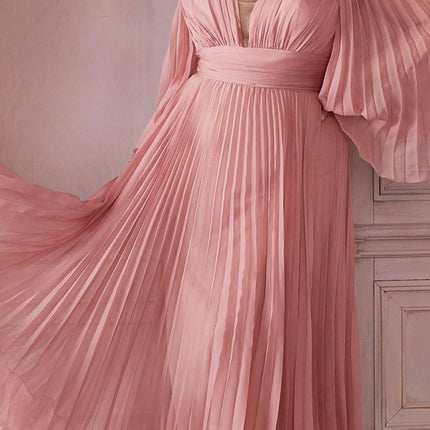 Cinderella Divine CD242C Pleated Chiffon Long Sleeve Gown