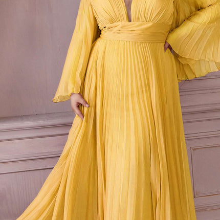 Cinderella Divine CD242C Pleated Chiffon Long Sleeve Gown