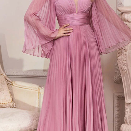 Cinderella Divine CD242C Pleated Chiffon Long Sleeve Gown