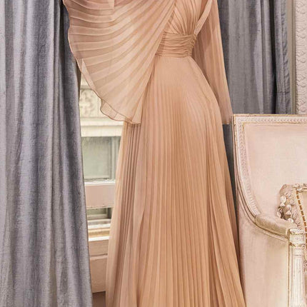 Cinderella Divine CD242 Pleated Chiffon Long Sleeve Gown