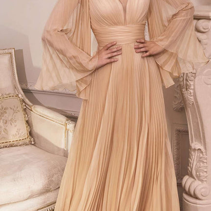 Cinderella Divine CD242C Pleated Chiffon Long Sleeve Gown