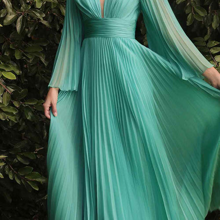Cinderella Divine CD242C Pleated Chiffon Long Sleeve Gown