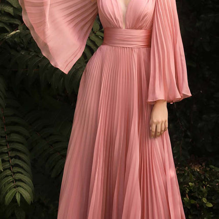 Cinderella Divine CD242C Pleated Chiffon Long Sleeve Gown