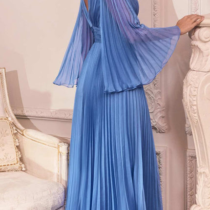 Cinderella Divine CD242C Pleated Chiffon Long Sleeve Gown