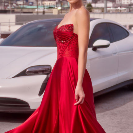 Ladivine CD297 Dress Strapless Beaded Satin A-Line Prom Gown