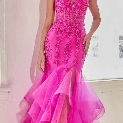 Ladivine CD331 Long Fuchsia Mermaid Embellished Ruffle Skirt Gown