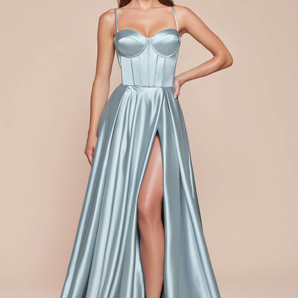 Ladivine CD337 Long A-Line Slit Satin Bustier Dress