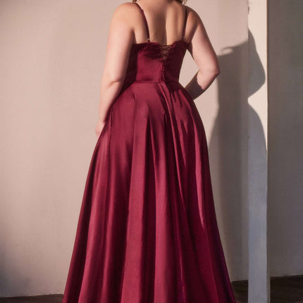 Ladivine CD337C Long A-Line Slit Satin Bustier Prom Dress