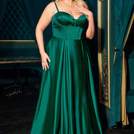 Ladivine CD337C Long A-Line Slit Satin Bustier Prom Dress