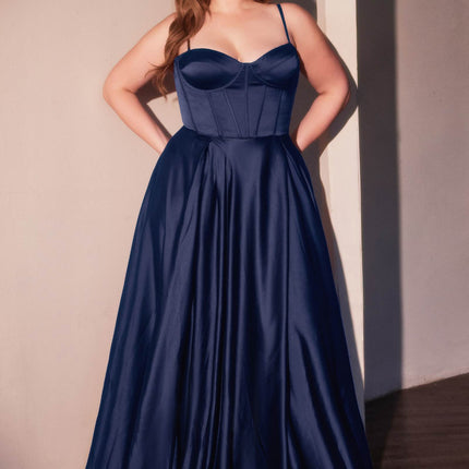 Ladivine CD337C Long A-Line Slit Satin Bustier Prom Dress