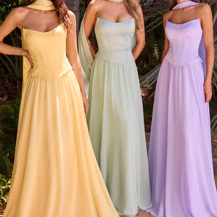 Ladivine CD386 Strapless Curved Neckline Boned Bodice A-line Gown