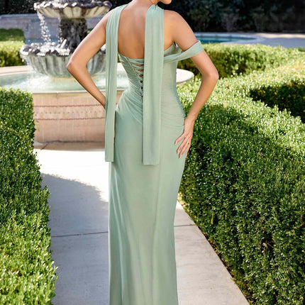 Ladivine CD406 Sculpted Pleated Bodice Lightweight Chiffon Fitted Gown