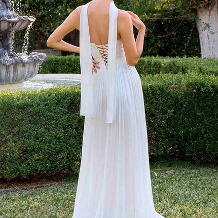 Ladivine CD410W Sculpted Sweetheart Pleated Chiffon A-Line Dress