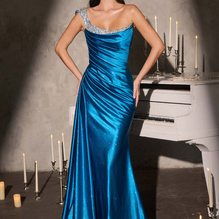 Ladivine CD420 One Shoulder Luxe Shimmer Glitter Stretch Fitted Gown